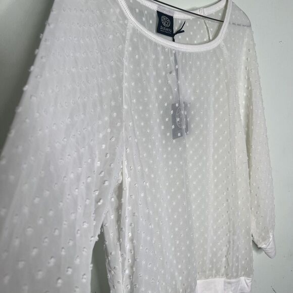 Bobeau Blouse Women Raised Polka Dot  Medium  Ivory Sheer Long Sleeve Crew Neck - Picture 3 of 11